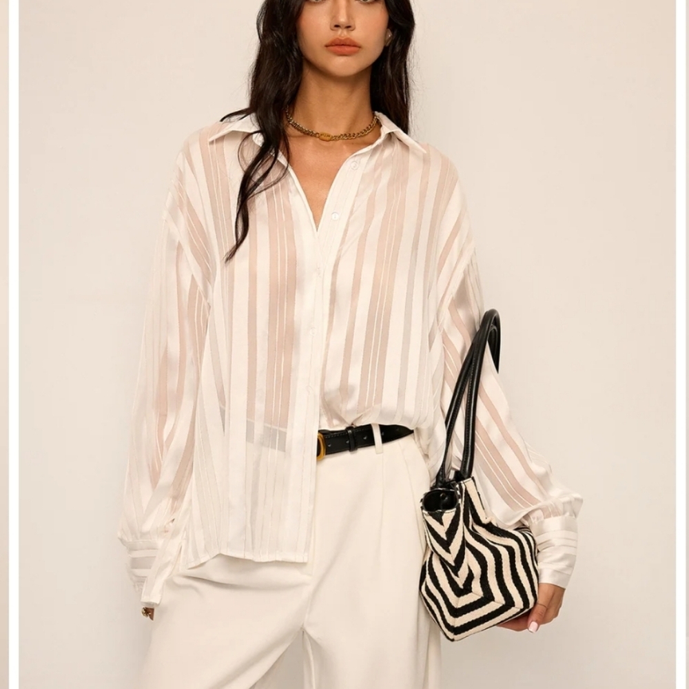 Commense NWT semi sheer striped button down with gold thread Sz M